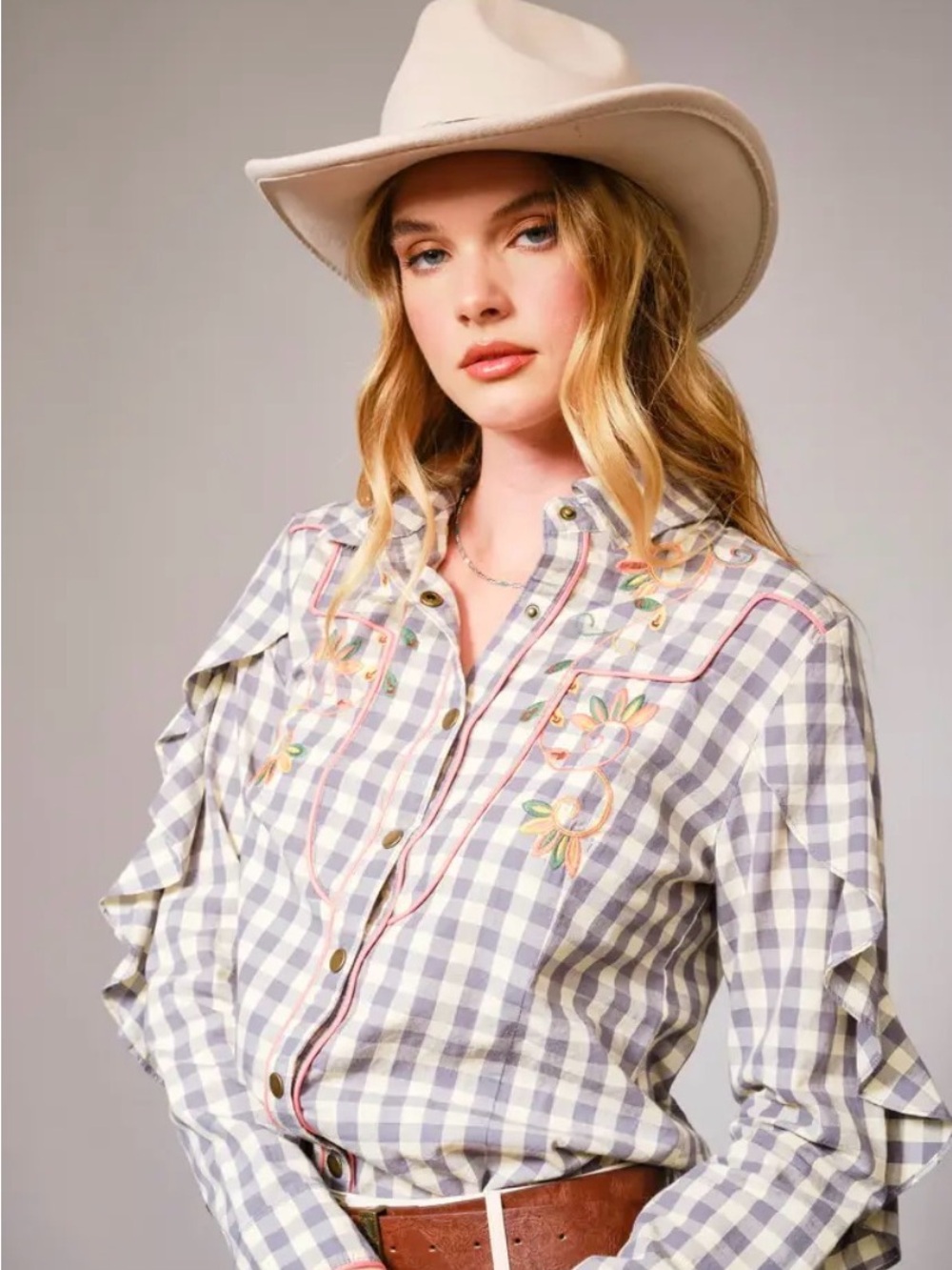 Blue/White Gingham Embroidered Button-Down Shirt - blub.